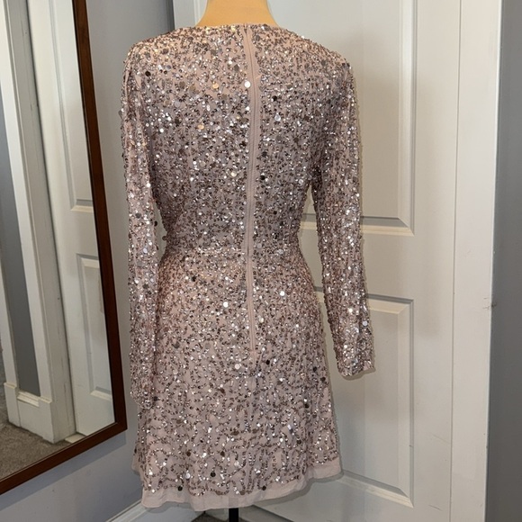 ASOS Maya Deluxe fully beaded sequin faux wrap, formal mini dress, frosted pink - Picture 10 of 16